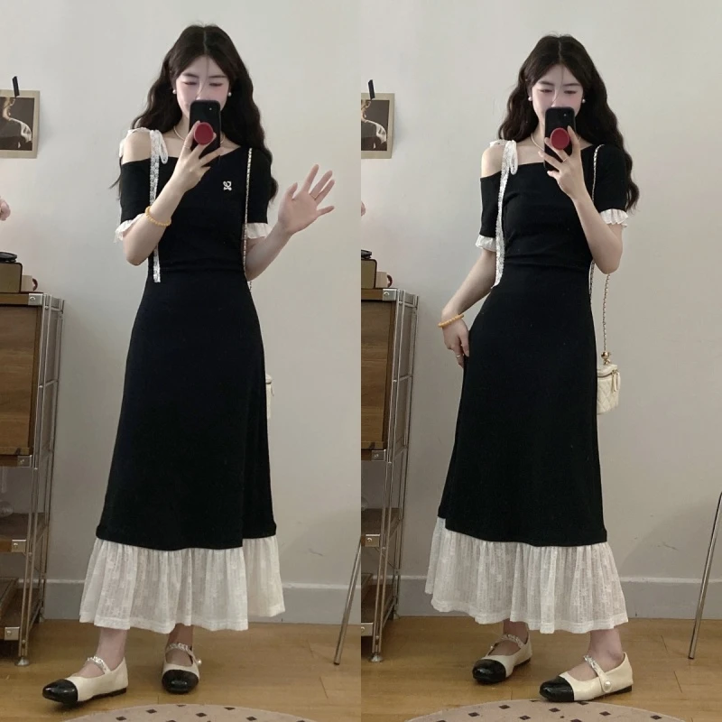 胖妹妹大码女装法式复古赫本风收腰显瘦露肩设计感拼接短袖连衣裙