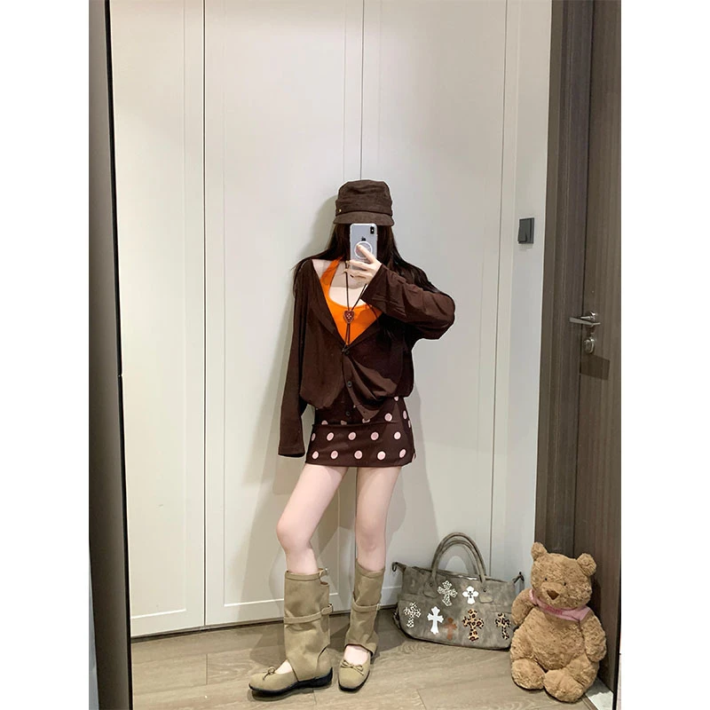 2025秋冬甜美风休闲百搭吊带背心时尚开衫外套上衣高腰波点半身裙