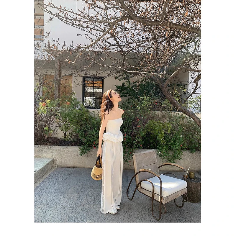 2025秋季新款修身显瘦气质时尚性感花苞抹胸背心上衣休闲宽松长裤