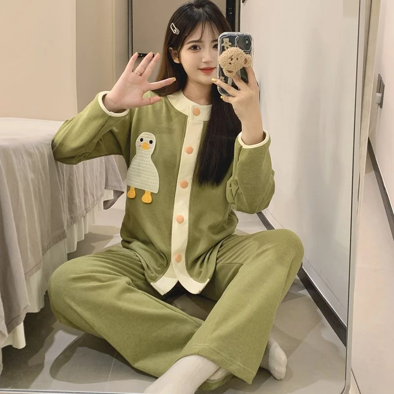 秋冬款慵懒风长袖睡衣卡通可爱开衫长裤女羊绒外穿保暖家居服套装