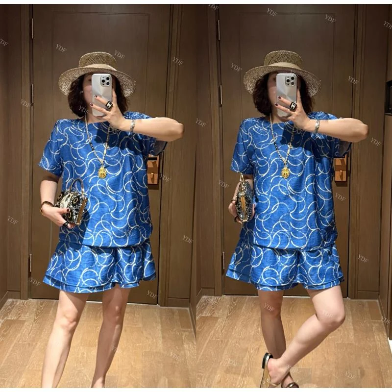 YDFSTUDIO小众【蓝色星球】欧货高品重工撞色花纹设计上衣+短裤套装