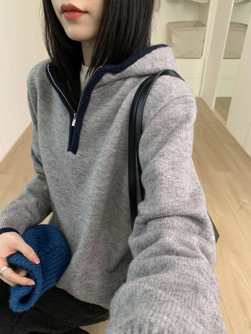 撞色边连帽半拉链显瘦慵懒针织帽衫 306