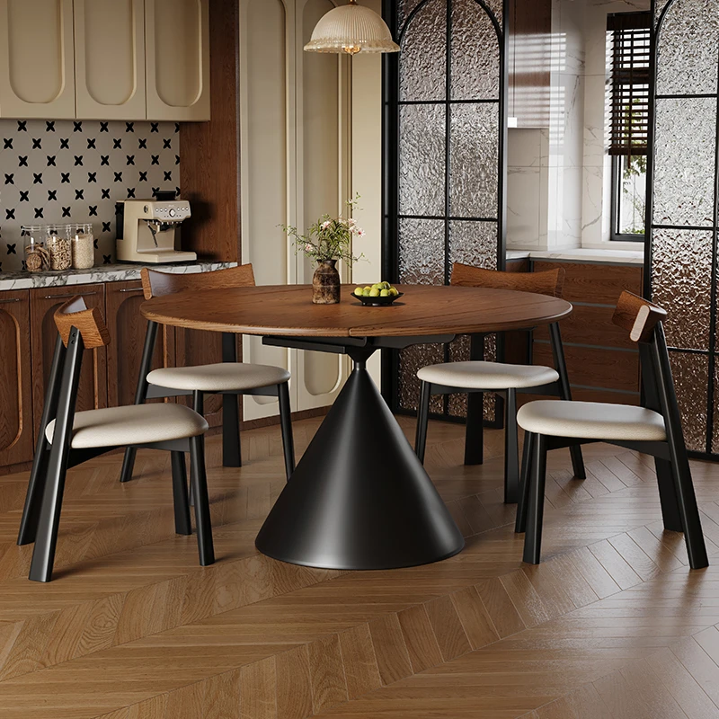 法式中古风可伸缩实木餐桌多功能沙漏家用小户型折叠两用餐厅圆桌