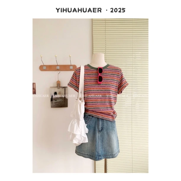 【摩卡芭菲】东大门韩版夏季新款彩色撞色条纹休闲百搭短袖T恤2572