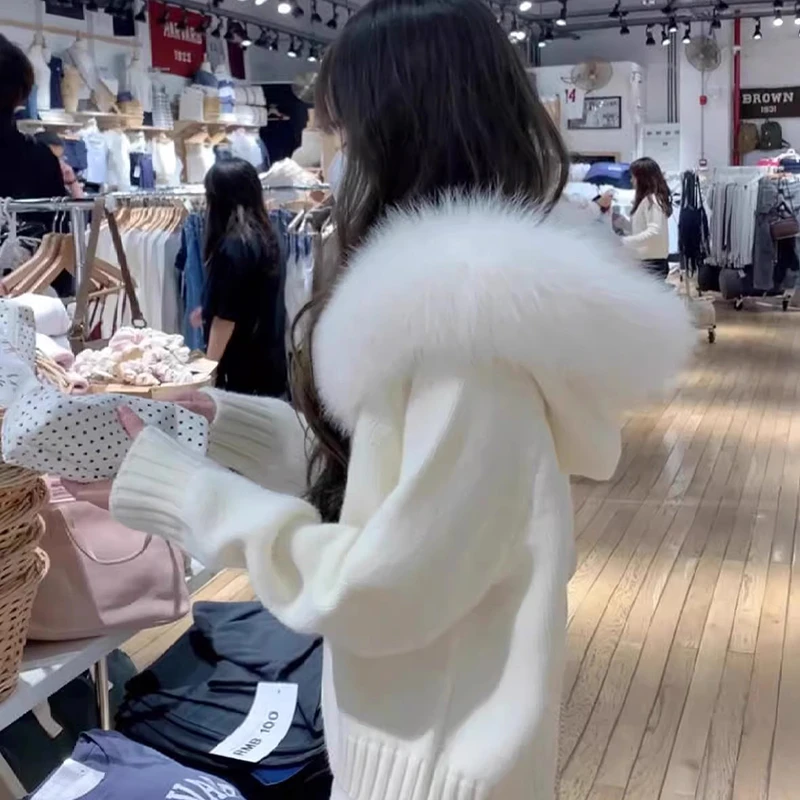 韩系大毛领连帽拉链慵懒千金风毛衣开衫外套秋冬高级感针织衫上衣