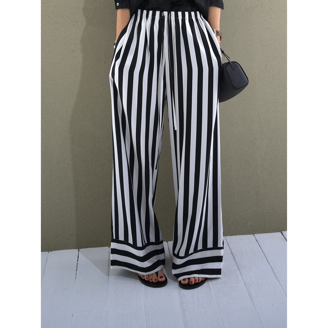 UPINLOOK爽滑/凉感  黑白色条纹女式抽绳腰宽松休闲裤BE100