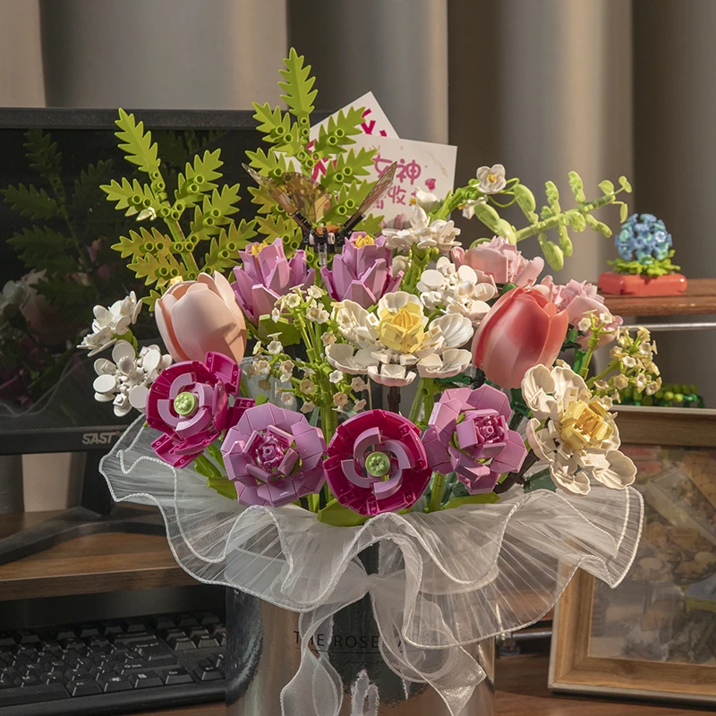 中国积木玫瑰花束拼装永生花女孩七夕节DIY插花桌面摆件生日礼物