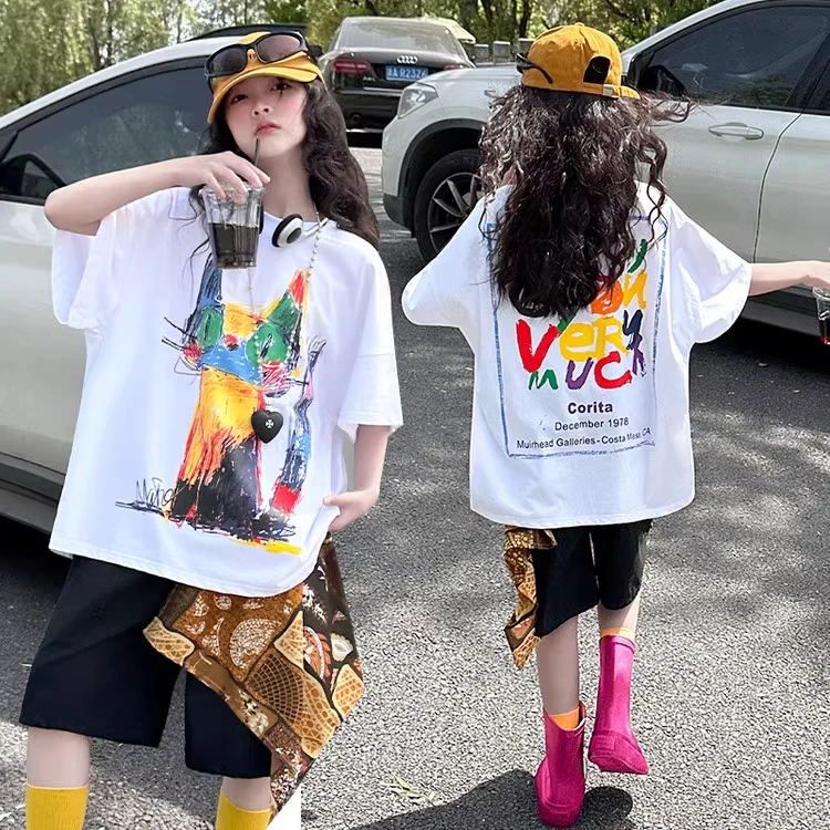 女童夏季新款2025轻薄彩绘涂鸦猫咪设计短袖T恤宽松休闲