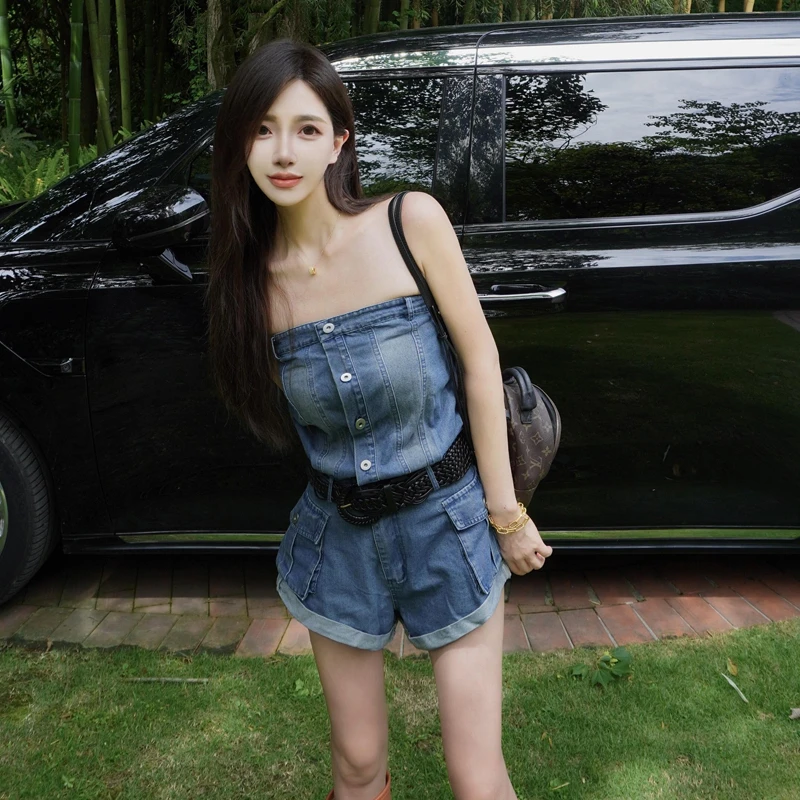 蓝色高腰牛仔草原连体裤女夏季新款穿搭时尚性感抹胸复古短裤