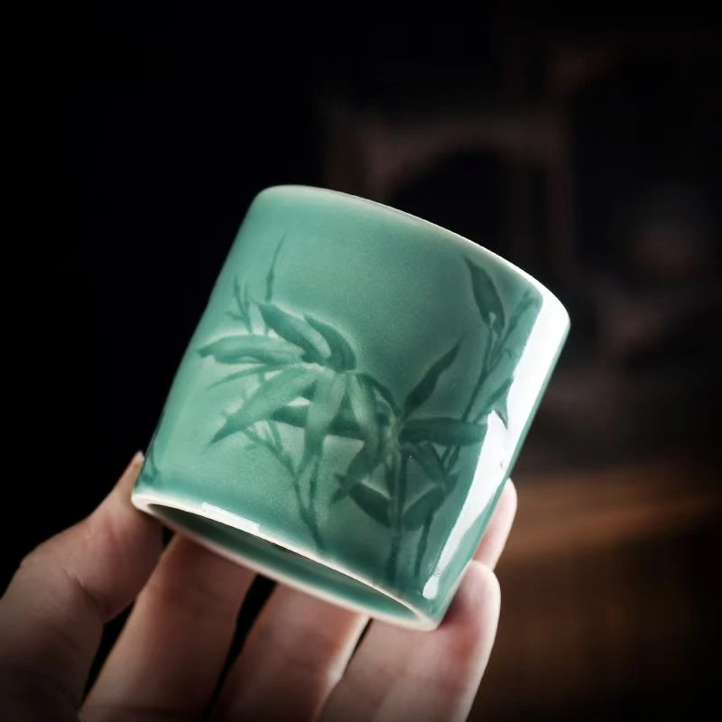 【宠粉补贴】节节高升非遗叶老大师龙泉青瓷扳指墨竹杯