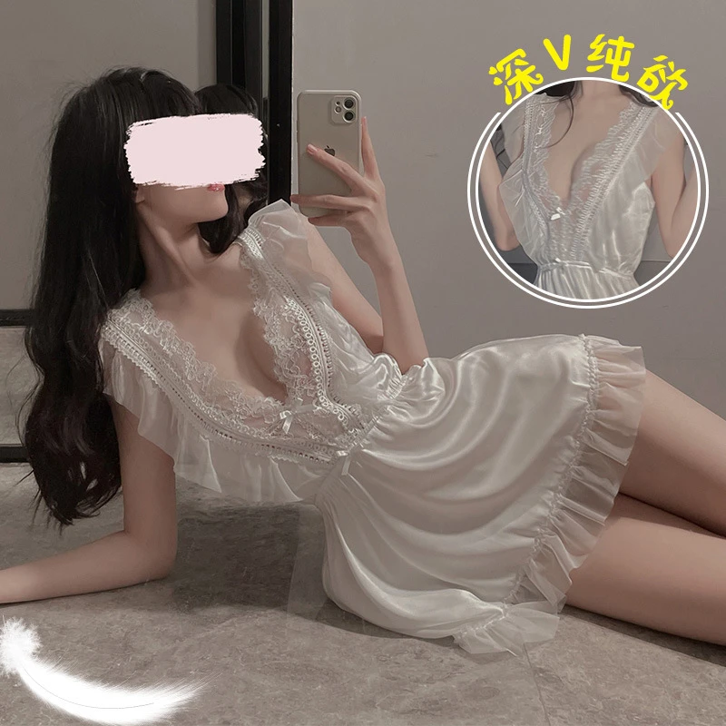 夏天花边无袖性感睡裙短裙夏季薄款蕾丝女士白色短裙睡袍