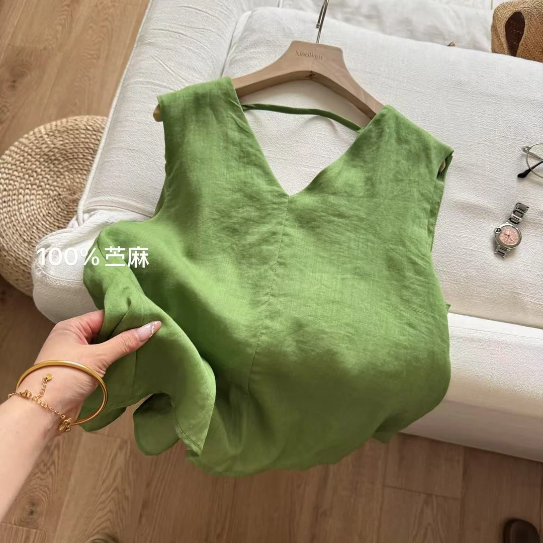 小文姐 W1688-夏季V领宽松凉快背心百复古搭舒适文艺无袖上衣女
