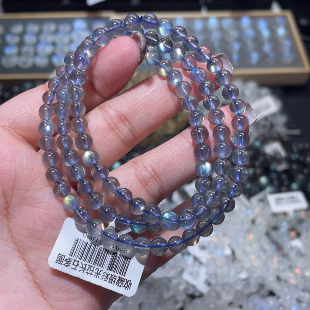 手链长石未镶嵌玻璃体灰月光手链多圈5mm+