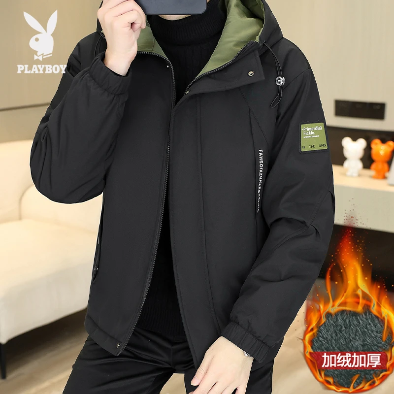 花花公子加绒加厚新款潮流休闲男士冲锋衣夹克秋冬保暖派克服外套