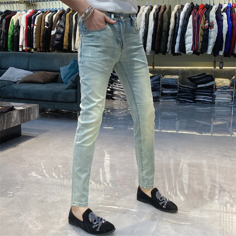 【也许家】新品男士夏季简约修身小脚裤潮流弹力浅色长裤子TH8267