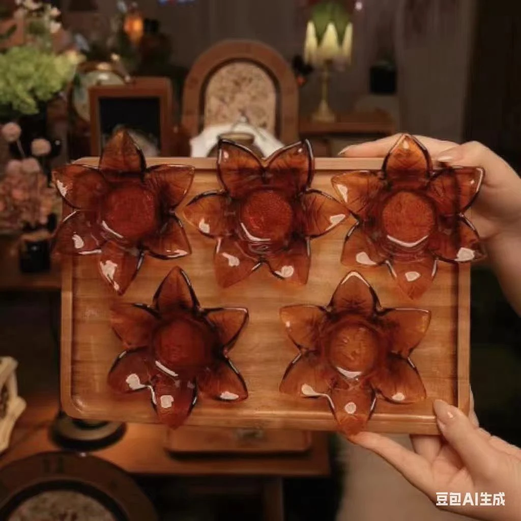 5只装创意手工树叶碟琥珀原色玻璃小碟家用点心盘