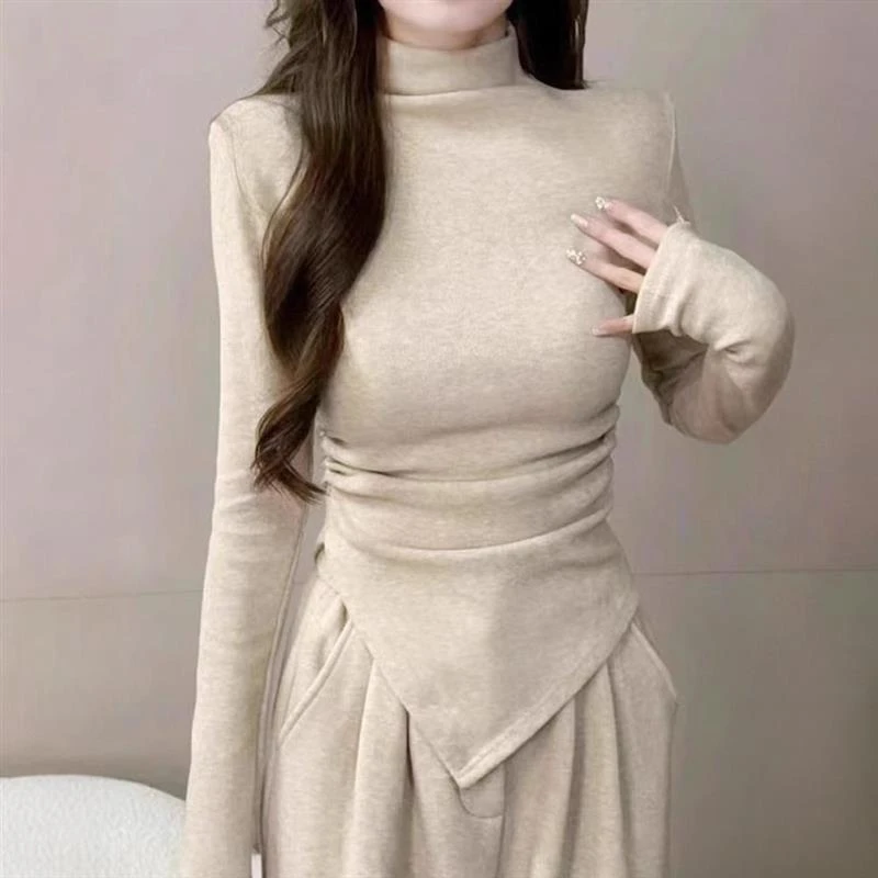 春季纯色不规则设计感下摆半高领T恤高腰百搭拖地休闲长裤套装女