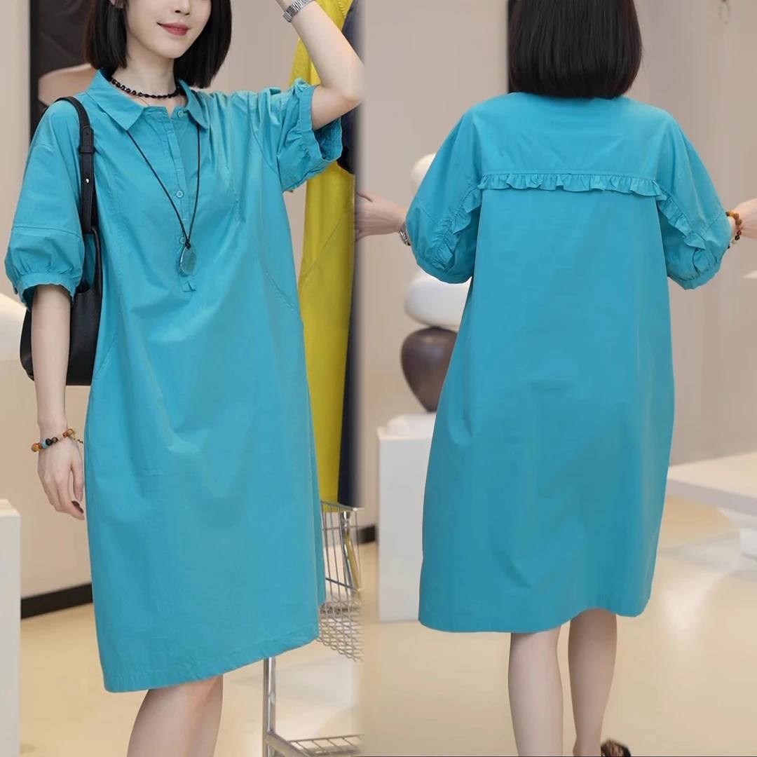 短袖宽松时尚中长裙2025夏季新款减龄气质日常通勤显白大气连衣裙