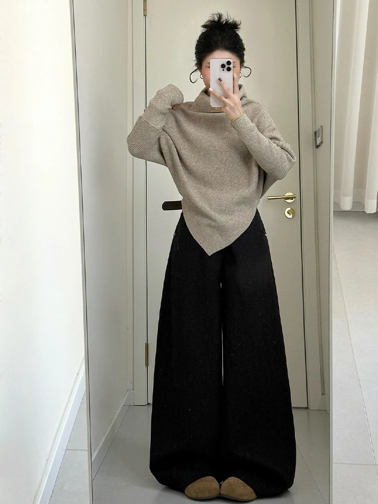 2025秋季流行气质修身时尚减龄休闲纯色毛织上衣高腰阔腿裤两件套