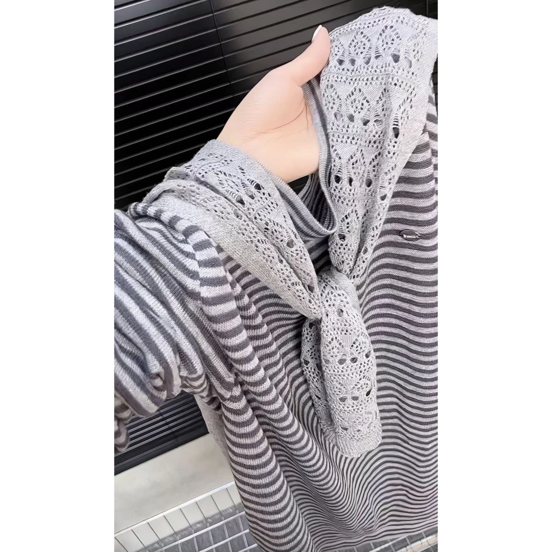 今年流行穿搭2025早秋新款条纹毛针织衫蕾丝披肩百搭款长袖上衣