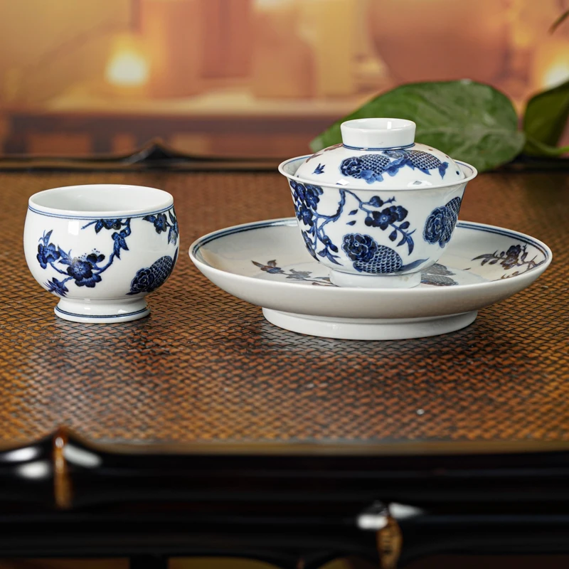 明宣慕古桃花金鱼盖碗茶杯壶承套组