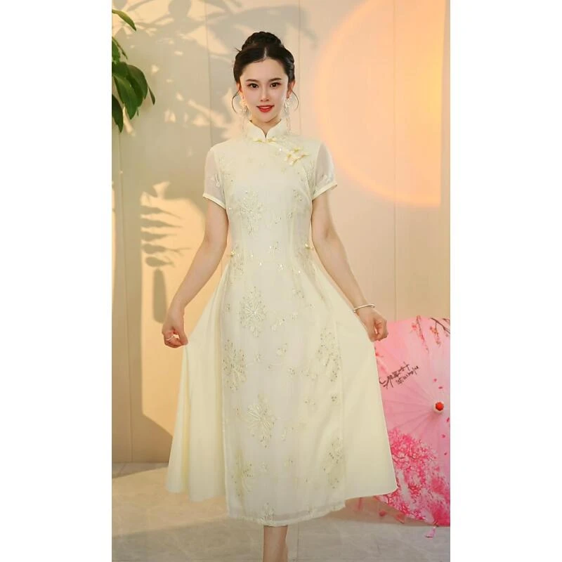A102640,夏季新款新中式国风复古刺绣奥黛改良旗袍裙