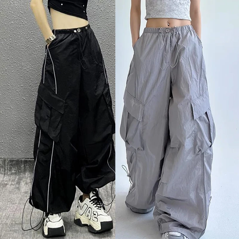 美式新款酷飒风辣妹工装裤夏季薄款高腰宽松显瘦抽绳速干休闲裤