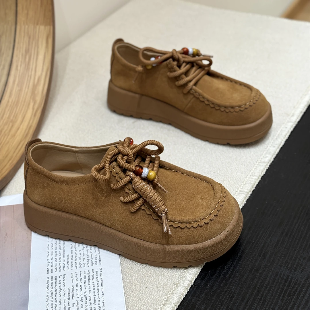 英伦系带美拉德复古勃肯袋鼠鞋女2025新款秋流苏厚底磨砂串珠单鞋