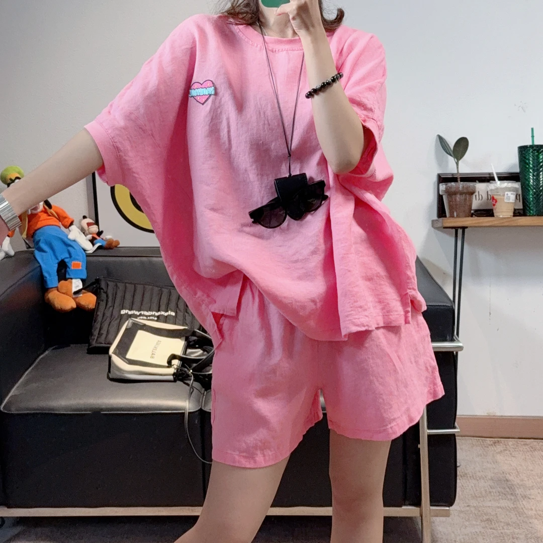 2025夏季新款超洋气粉色亚麻蝙蝠袖休闲套装女减龄显白宽松显瘦