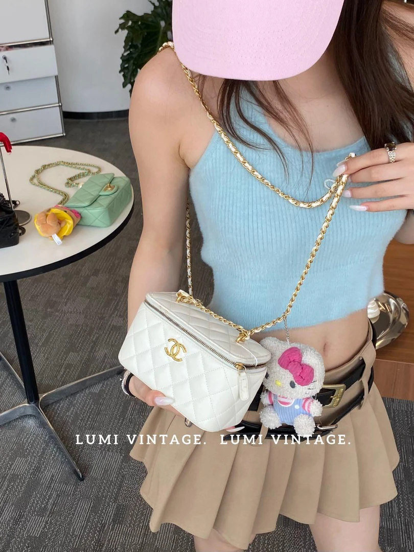 95新 Chanel/香奈儿 白金羊皮双链长盒子 芯片95090854