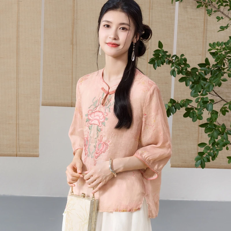 【100%苎麻】盘扣中式传统纹样刺绣春秋上衣25年新款T恤女W8532938