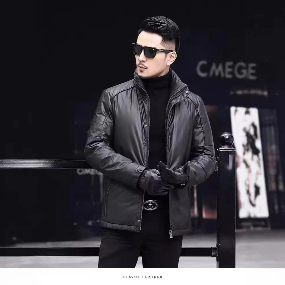 海宁新款男士真皮皮衣头层小牛皮简约立领羽绒服夹克外套冬季加厚