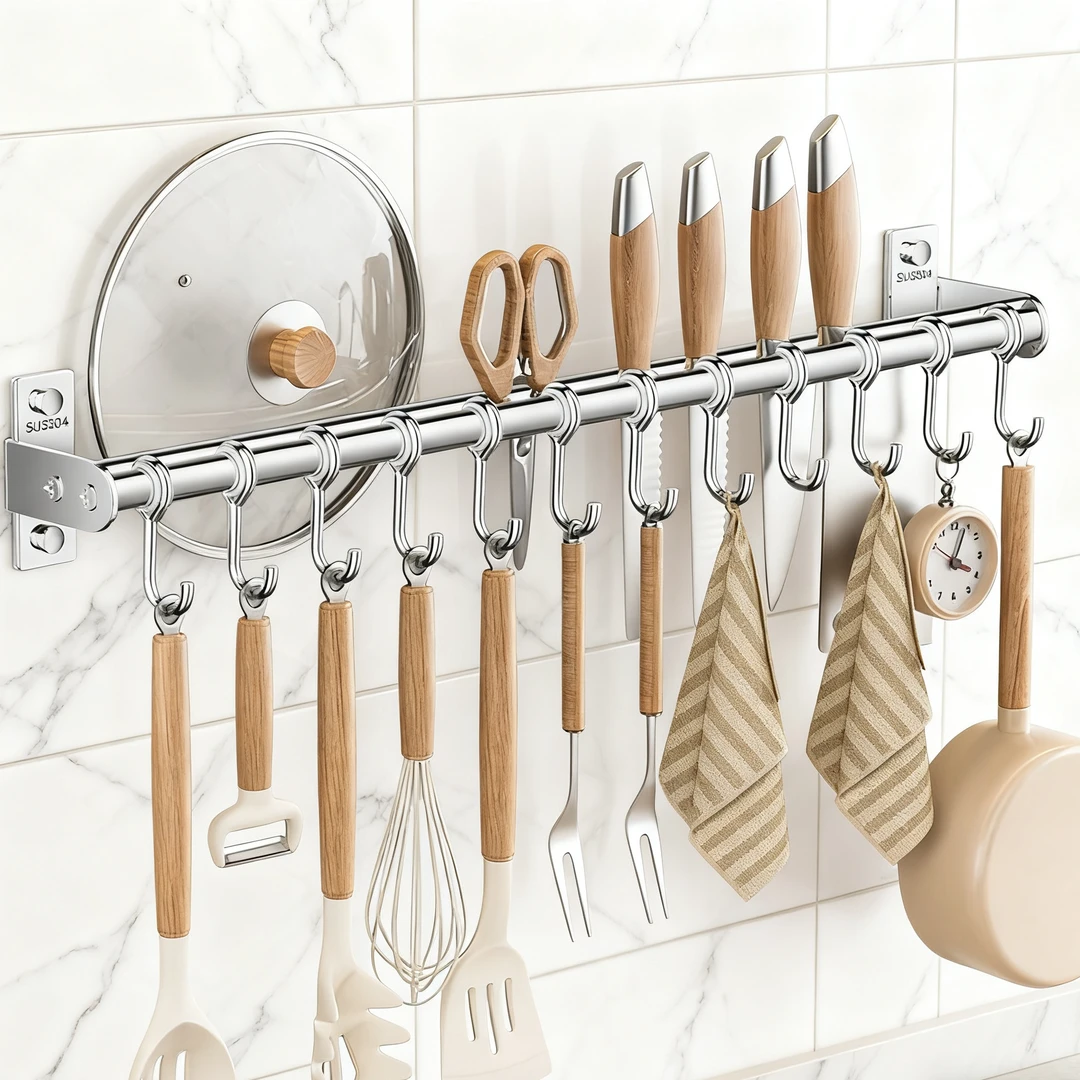 304不锈钢免打孔单层壁挂式收纳架收纳筐家用刀架刀具锅盖置物架