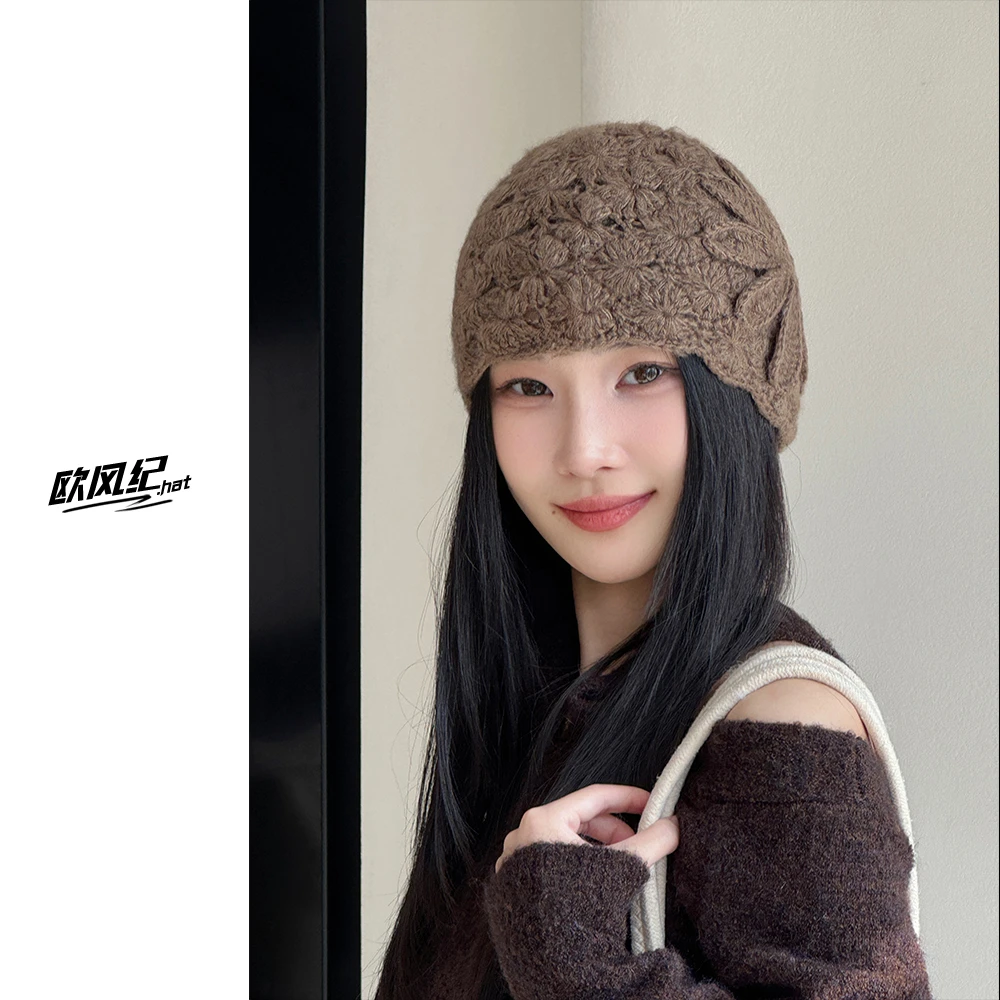 【毛线花苞包头帽】气质优雅女士帽潮花朵百搭秋冬保暖镂空