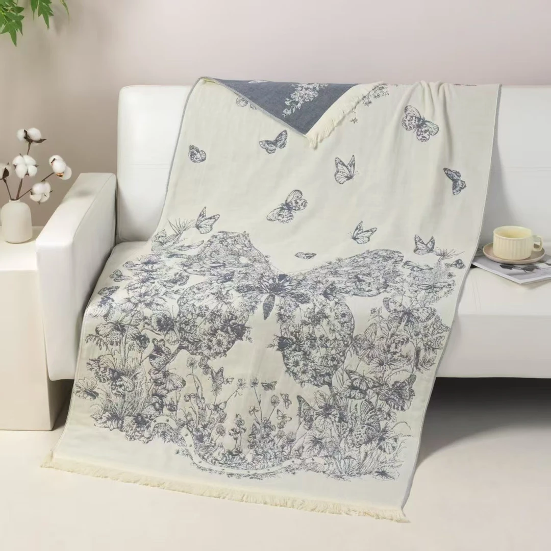 破晓蝶影蓝色流苏 浴巾纯棉纱布家用吸水柔软大人四季通用棉纱