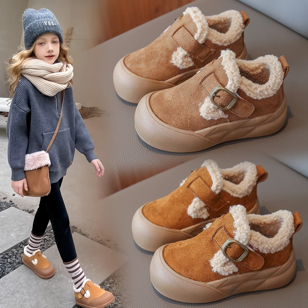 女童鞋子儿童棉鞋2025新款秋冬加绒加厚大棉鞋皮毛一体保暖皮鞋