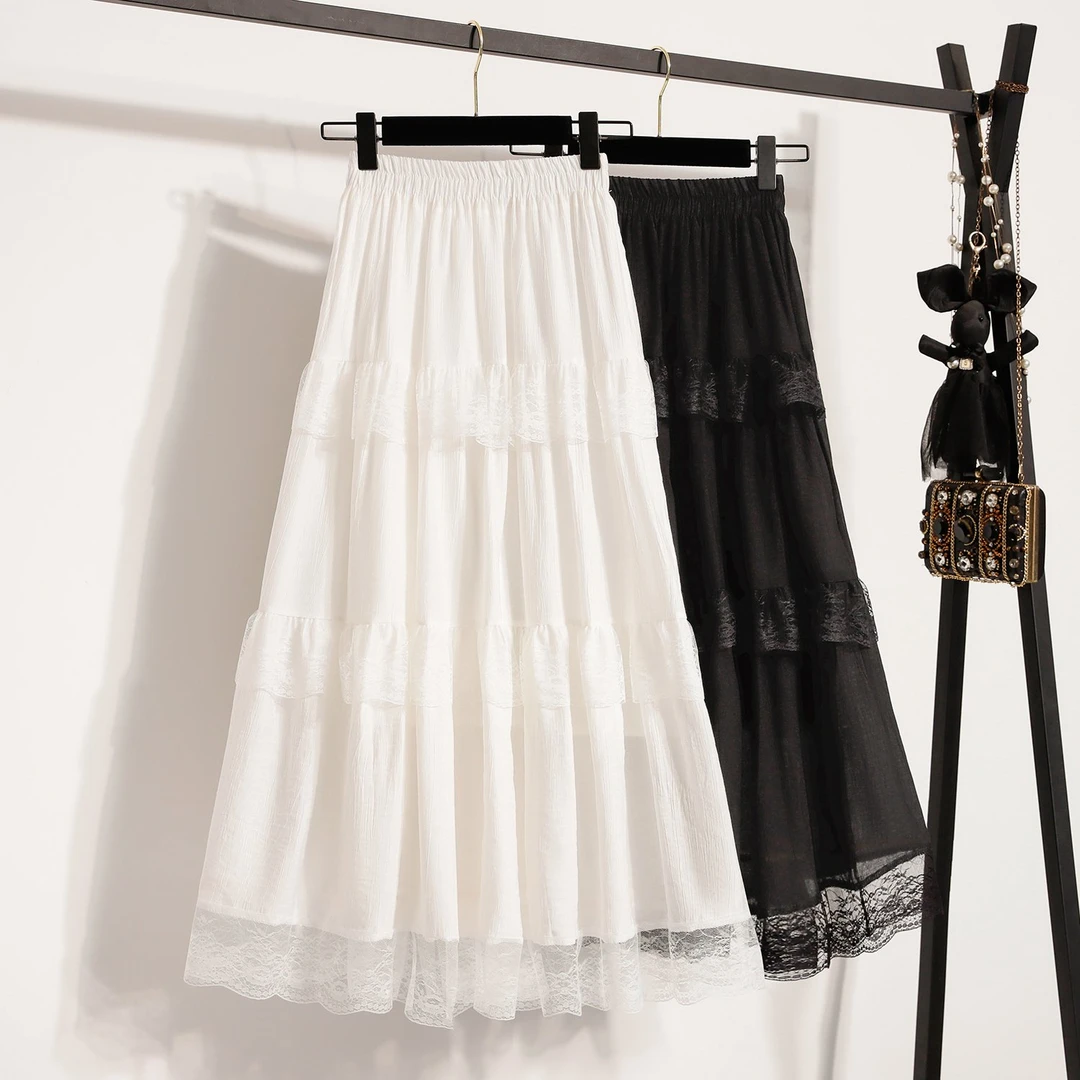 大码女装胖MM时尚百搭学院风纯色减龄显瘦镂空蕾丝拼接大摆半身裙