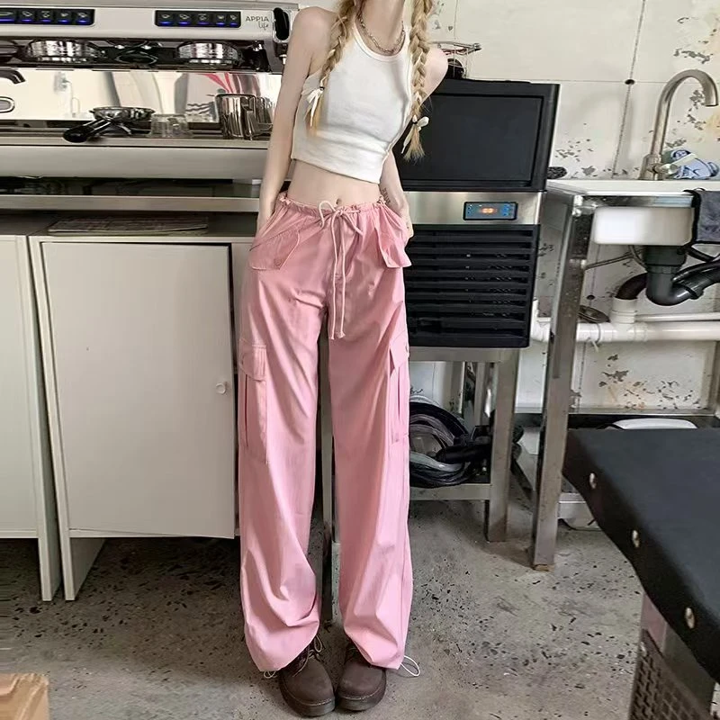 2025春季粉色抽绳工装裤显瘦时尚休闲