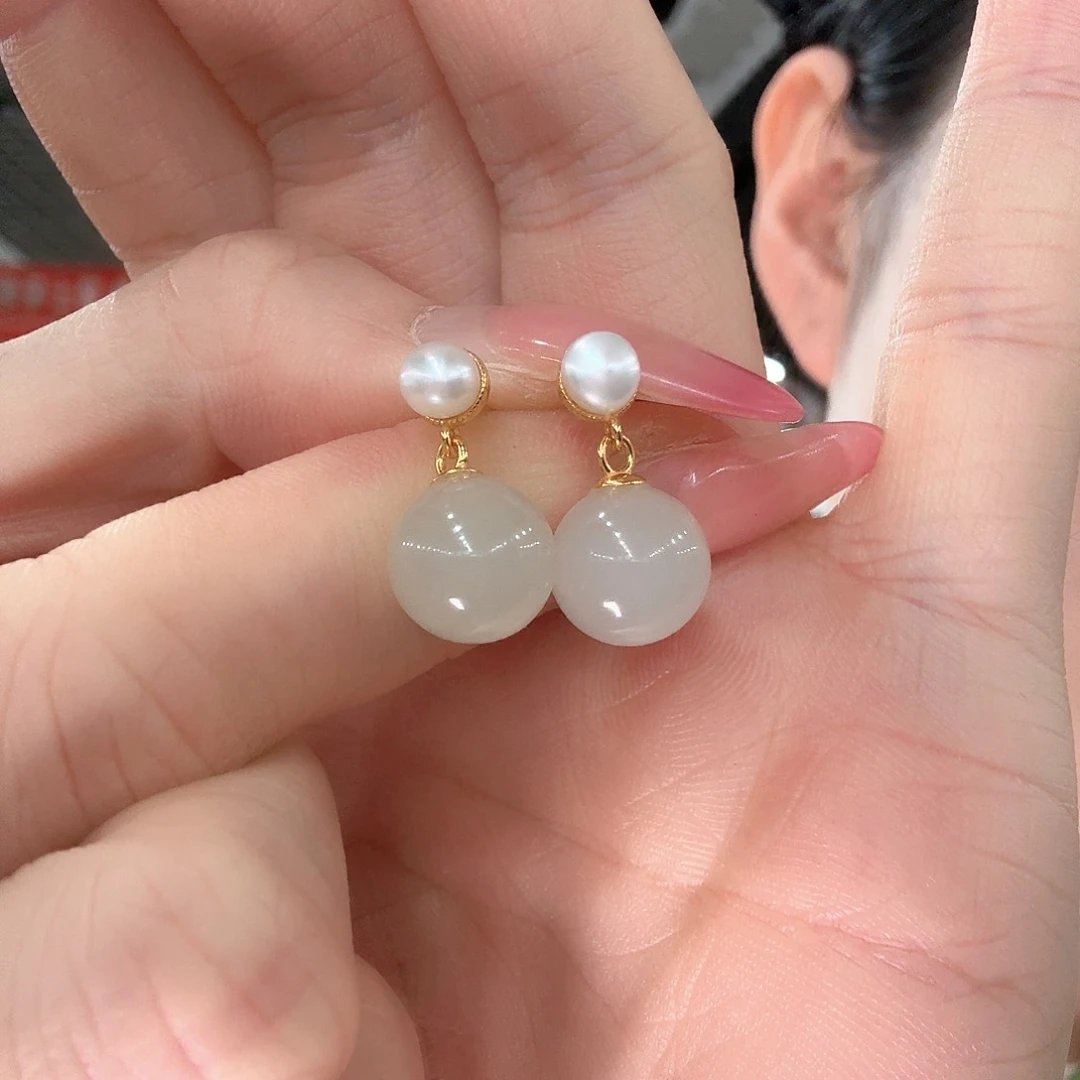 和田玉银S925镶嵌耳饰