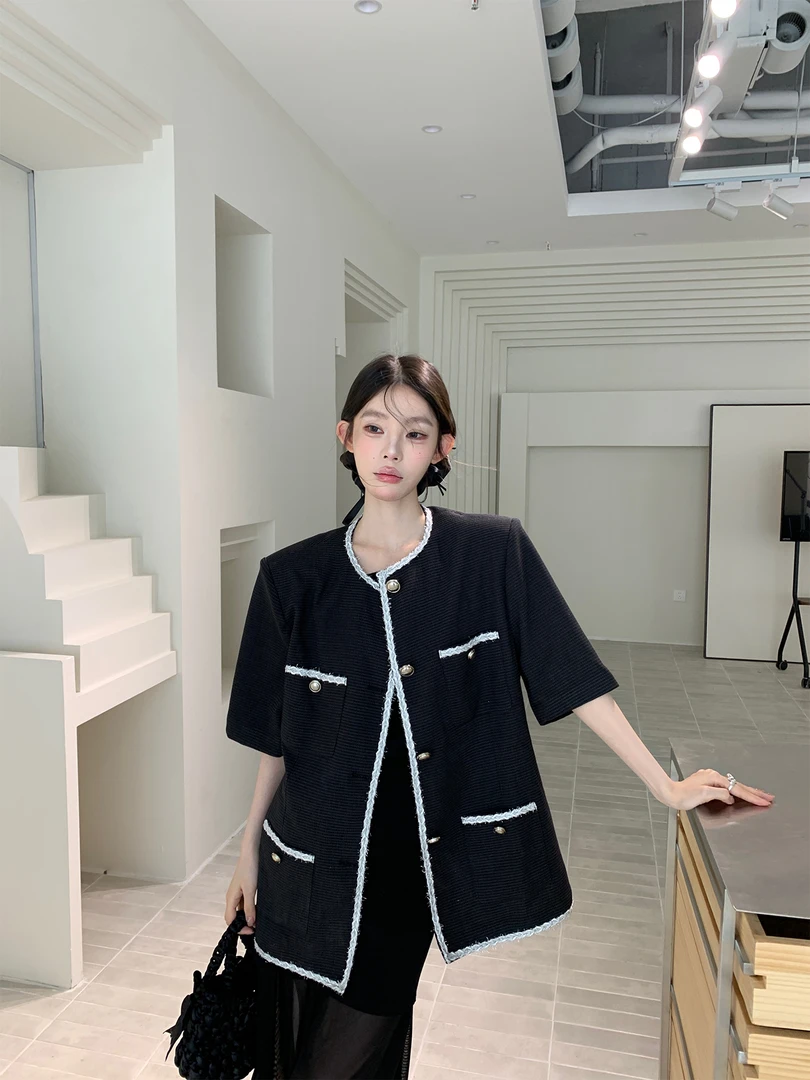 【YWYW25S/S】春夏百搭气质轻奢银丝小香风短袖短外套5088