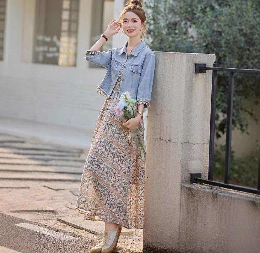 【影姐宠粉】新款牛仔外套上衣印花吊带连衣裙套装气质7291