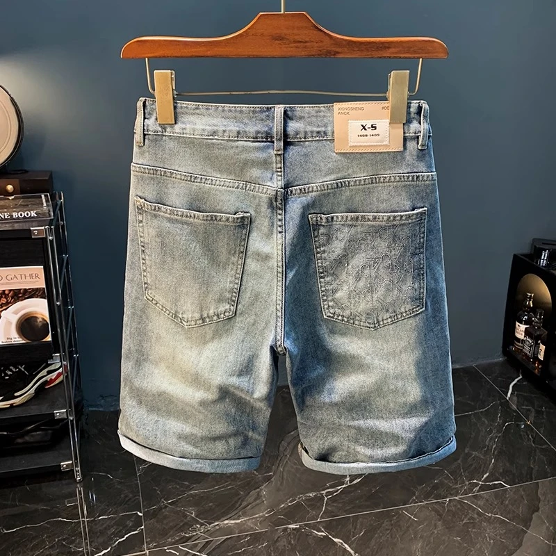 One What夏季浅蓝色牛仔中裤男薄款潮流短裤2025年新款男士五分裤