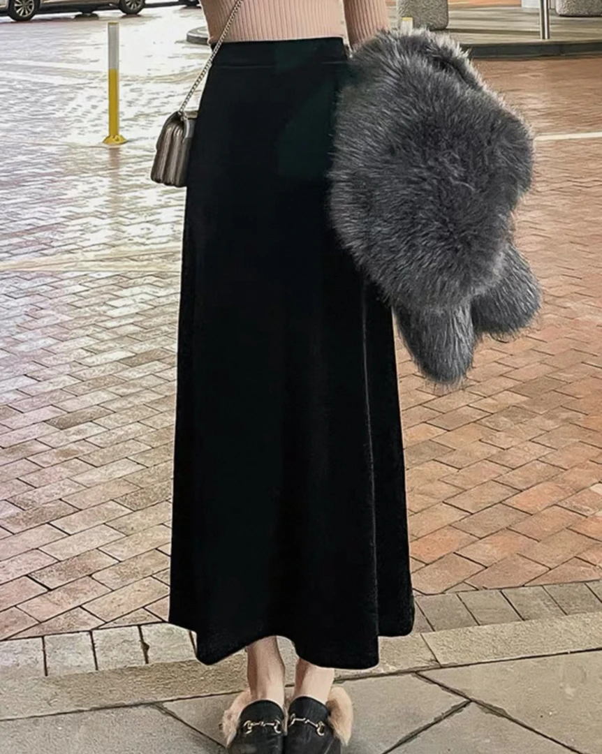 【加绒加厚】秋冬高腰垂感宽松显瘦随心裁复古百搭金丝绒半身裙