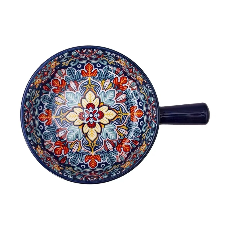 波西米亚陶瓷手柄碗家用创意水果沙拉碗带把手泡面碗烤箱烤碗防烫