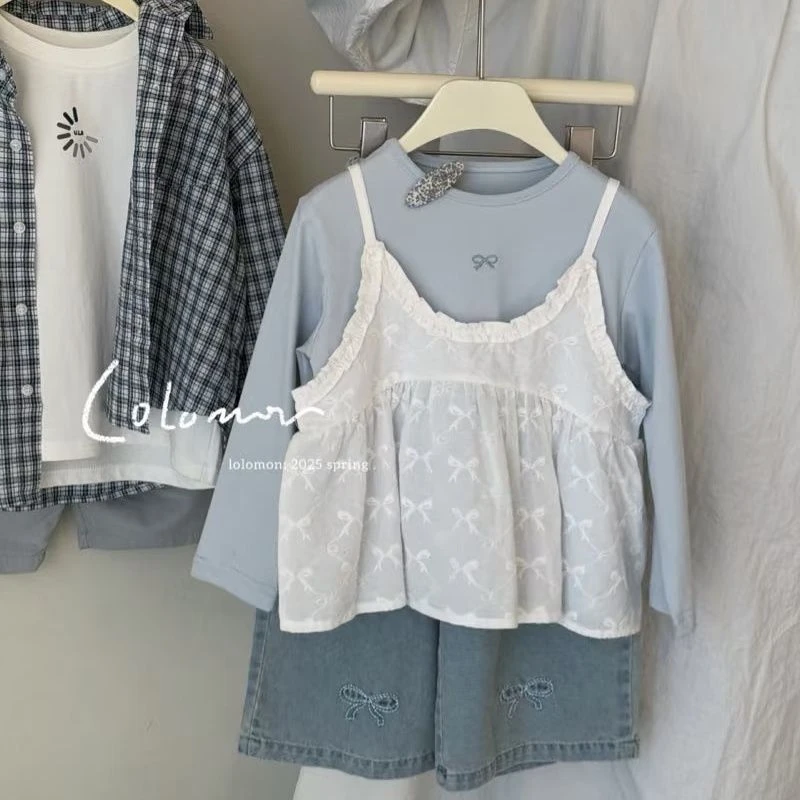 女童春装套装2025新款儿童韩版甜美吊带衫女宝宝洋气时髦三件套潮