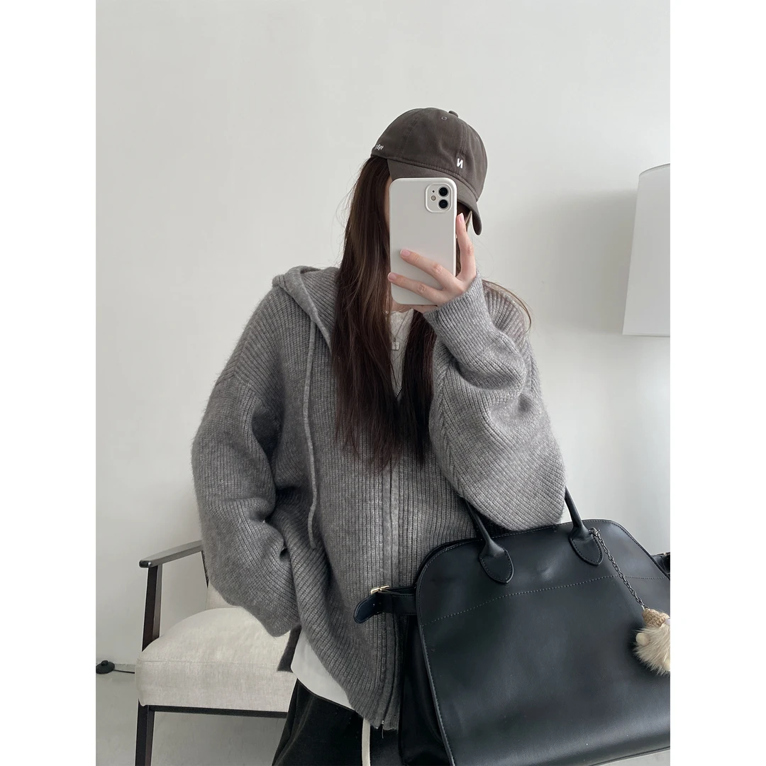 新款上市秋冬韩系连帽百搭毛衣内搭慵懒风针织开衫拉链外套女上衣