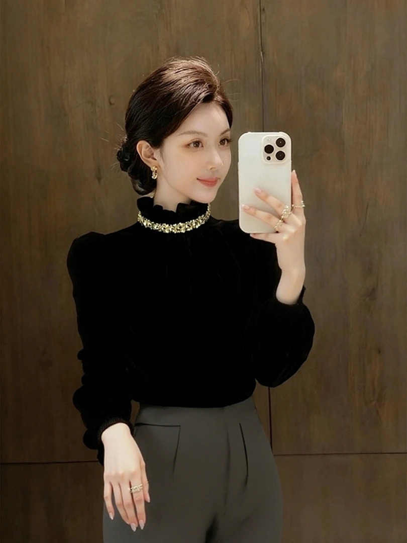 秋冬轻熟气质赫本风黑色丝绒上衣高级小众不撞款洋气别致烫钻衬衫