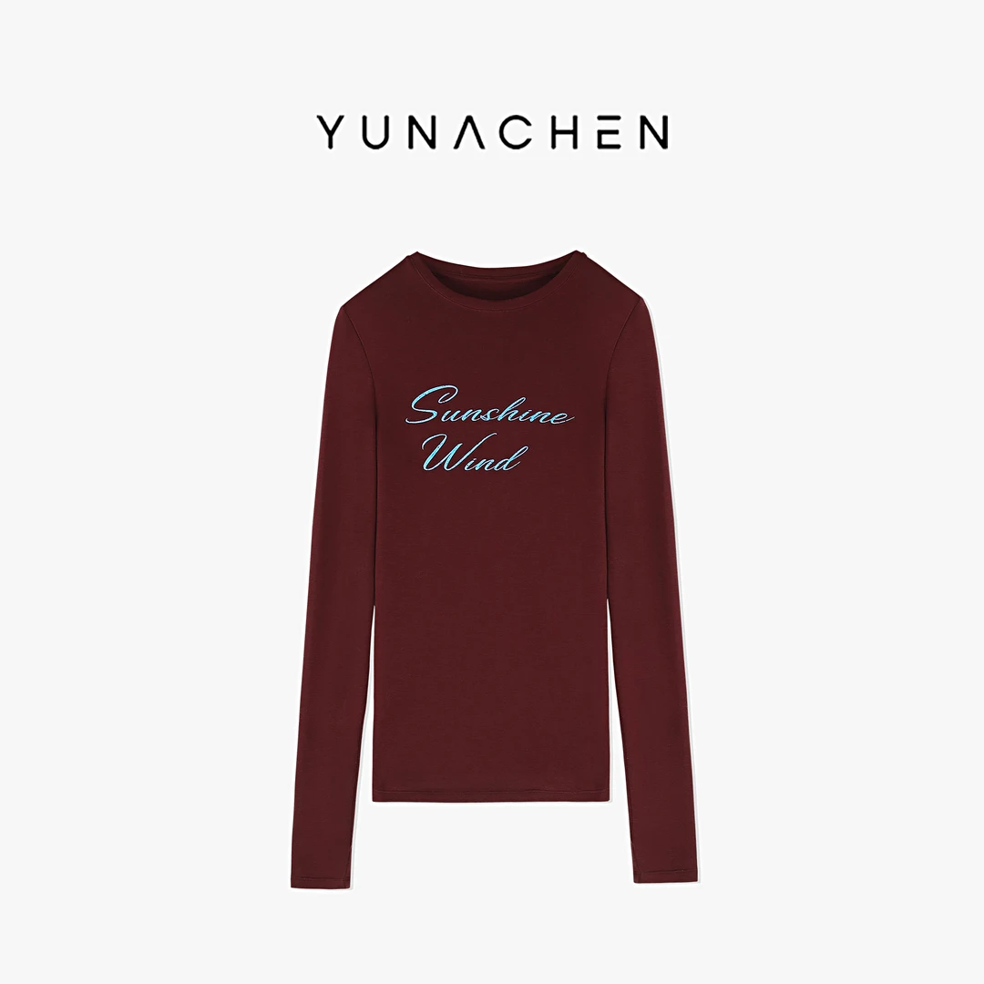 菠萝宝宝yuna【酒红絮语】莱赛尔天丝羊毛琥珀流光字母长袖T恤YH23