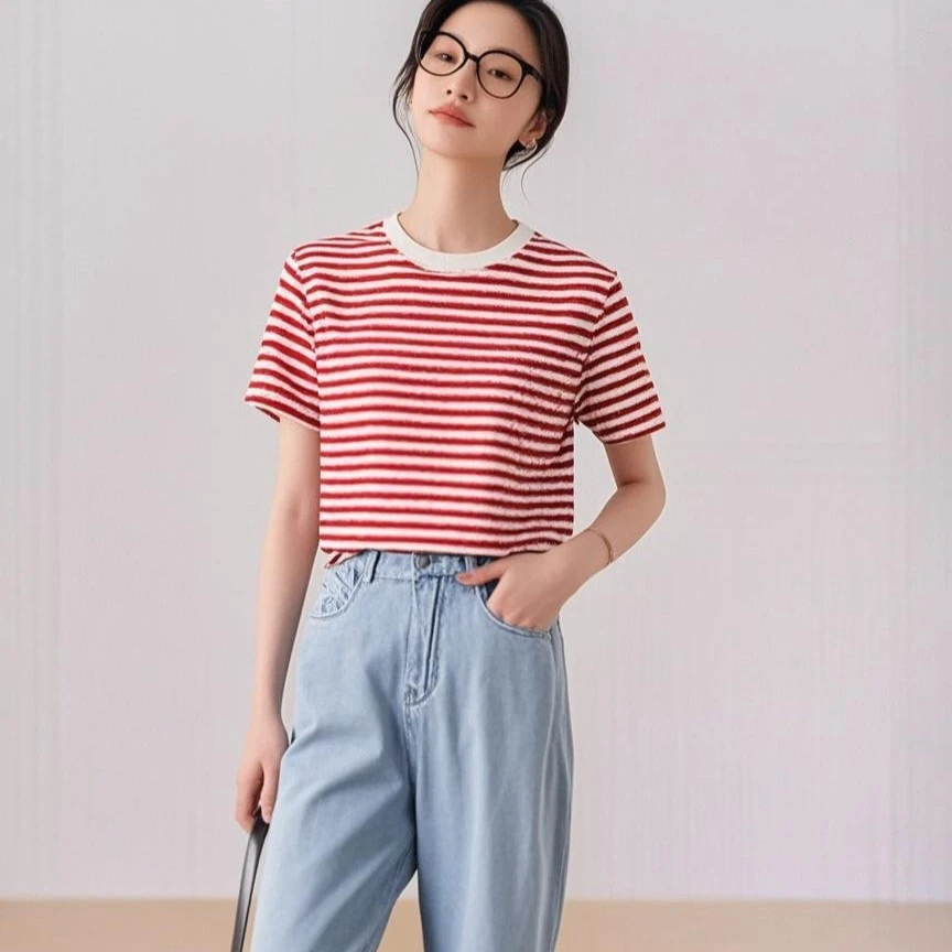 【裁缝方师傅家】女士条纹纯棉T恤夏季百搭舒适简约休闲圆领短袖