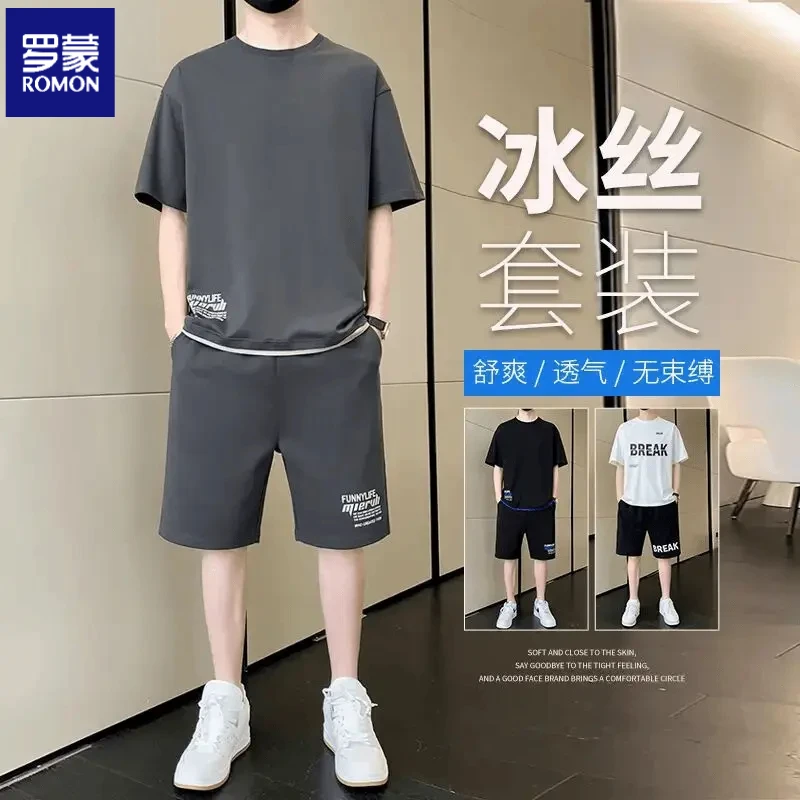 罗蒙男士短袖套装爆款2025新款潮流30-40男士高端冰丝运动装衣服